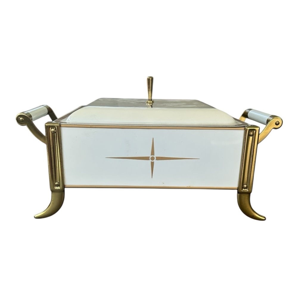 Atomic Design MCM Enameled Metal Footed Chafing Dish Off White Gold 9 x 9 READ